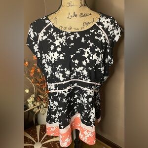 Motherhood Maternity Black White Pink Trim Floral Blouse Sz XL PTP 22.5”